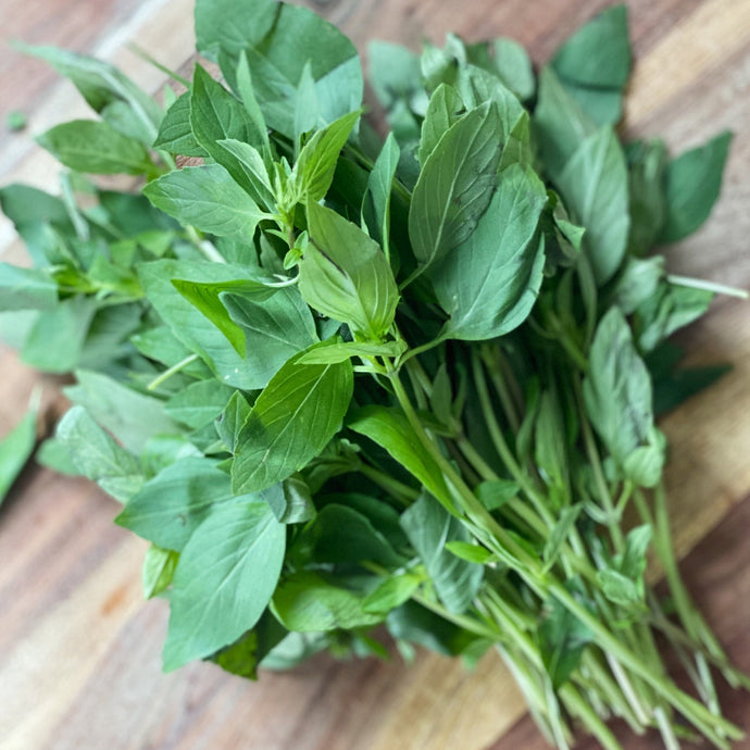 Bunch of asian basil on a wooden board