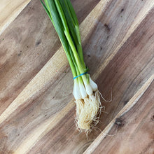 Load image into Gallery viewer, bunch of fresh green spring onions on a wooden board
