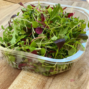 micro salad leaves in a punnet on a wooden board