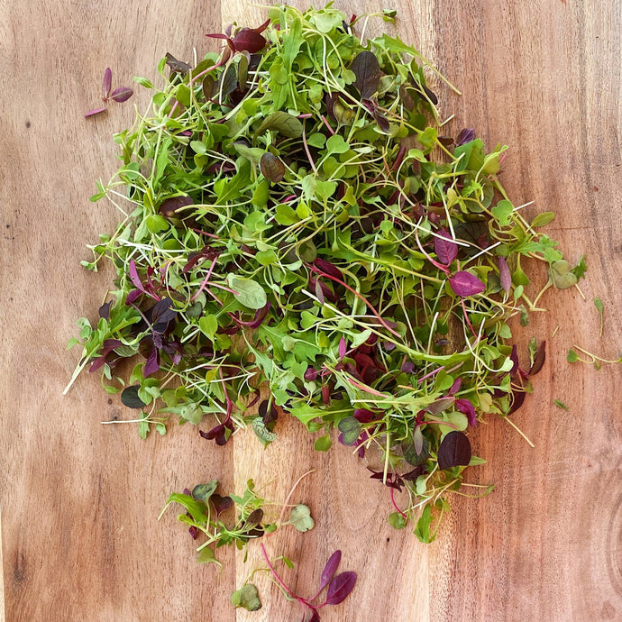 micro salad leaves on a wooden board