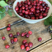 Load image into Gallery viewer, Fresh cranberries in a white bowl and loose on table with foliage
