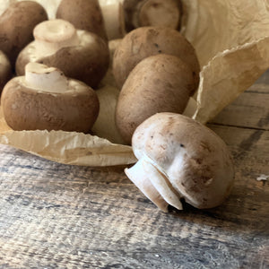 Chestnut Mushrooms spilling out of a paper bag